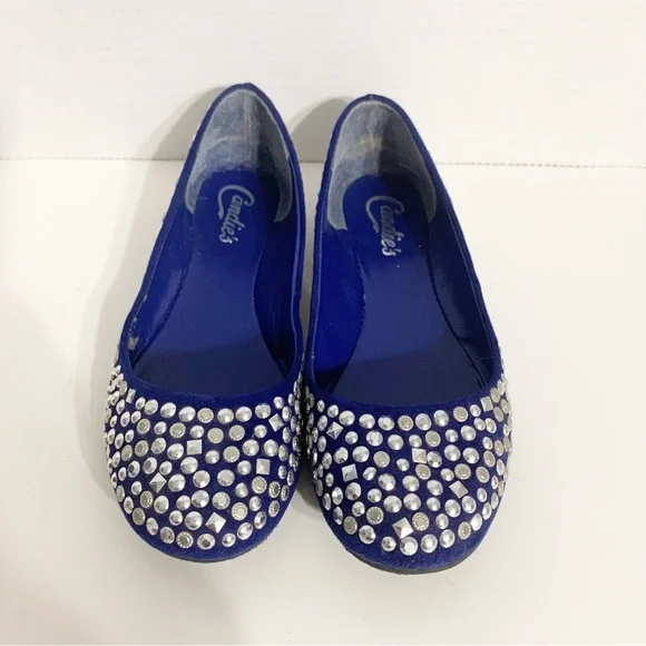 Candies Faux Suede Covered in Silver Toned Studs Rounded Toe Ballet Flats Royal - Picture 6 of 13
